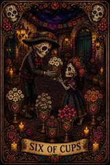 Fototapeta premium Colorful Day of the Dead Artwork with Skeletons and Flowers Scene