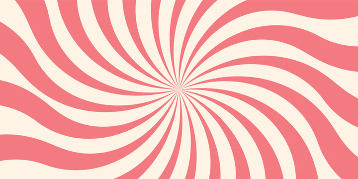 Pink ice cream and candy swirl background, lollipop vortex patterns intermixed with strawberry and circus elements. Retro spiral design. Flat vector illustration isolated