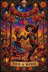 Fototapeta premium Colorful Celebration with Dancing Skeletons and Floral Decorations
