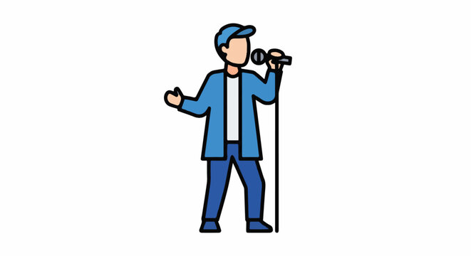 A man in blue clothing and a cap sings into a microphone on a stand