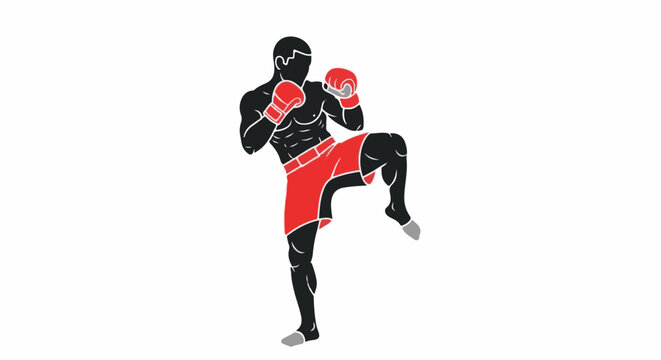 Stylized fighter in red shorts and gloves performs a high knee strike