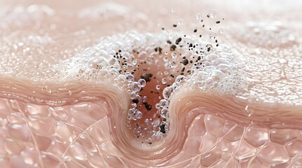 Fototapeta premium Skin pore purified by cleanser cross section showing microscopic deep cleansing process and dirt extraction foam bubbles