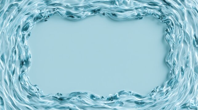 Liquid water frame turquoise motion splash border surrounding calm center with glossy droplets, ripples and reflections captured with high speed photography, refreshing mood for beverage, spa,
