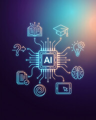 Fototapeta premium Futuristic AI education concept with glowing AI chip connected to learning, knowledge, creativity, and digital education symbols through vibrant data networks on cinematic background.
