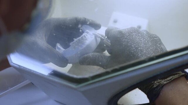 Dental technician using a sandblasting machine to process a plaster jaw model in a laboratory