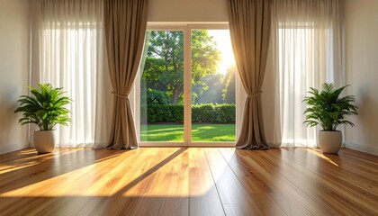 Fototapeta premium An empty room features a modern wooden floor and a large glass window offering a bright view of the garden inside a luxury new apartment building
