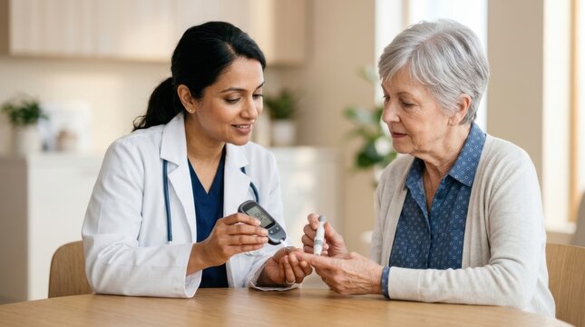 Smiling medical professional showing blood glucose monitor results to an elderly senior patient, explaining diabetes control during a healthcare checkup consultation.