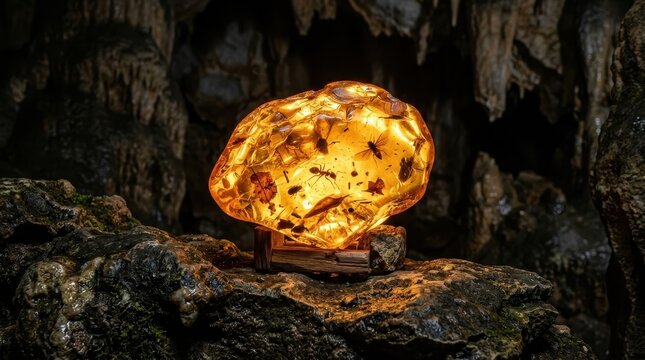 Captivating golden amber fossil with prehistoric insects preserved within, illuminated and displayed on a rough rock surface.
