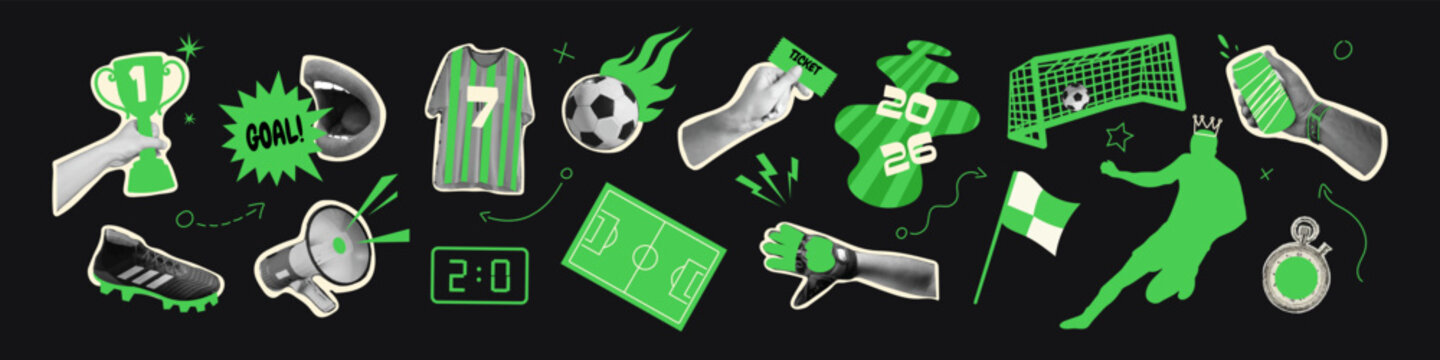 Football collage cutout set. Soccer themed stickers featuring player figure, trophy concept, ball, goal net, cleats. Modern retro grunge mixed media vector illustration with doodle accents