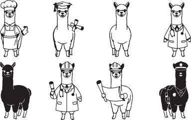 Naklejka premium Llama profession pack, alpaca career characters, cute job costumes, and animal mascot vector set. Isolated Transparent Background