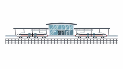A modern train station building with two passenger trains on the tracks © sedulurmu