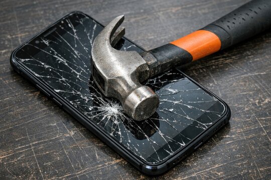 A broken cell phone lies next to a hammer on a table, often used as a symbol for frustration or technical difficulties