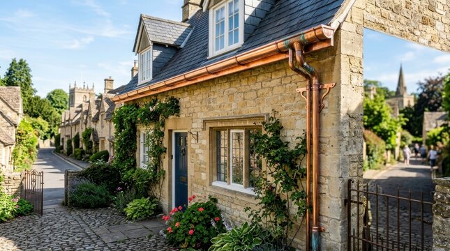 Charming Traditional Stone Cottage with Copper Gutters and Lush Greenery