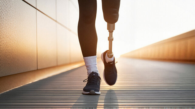 Athlete running outdoors with prosthetic leg at sunset