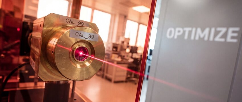 Red laser beam optical calibration device emitting light in science laboratory for optimization and technology development, concept of advanced physics research, precision engineering, and industrial