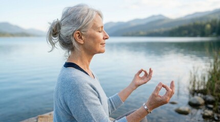 Fototapeta premium Senior citizen practicing yoga and meditating in a lotus position on a mat by a calm mountain lake, enjoying peaceful wellness, mindfulness, and healthy aging in nature.