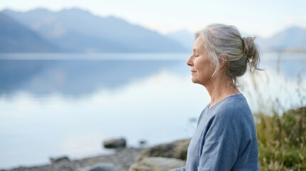 Fototapeta premium Senior citizen practicing yoga and meditating in a lotus position on a mat by a calm mountain lake, enjoying peaceful wellness, mindfulness, and healthy aging in nature.