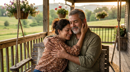 Fototapeta premium Happy mature couple hugging on a wooden porch swing at golden sunset