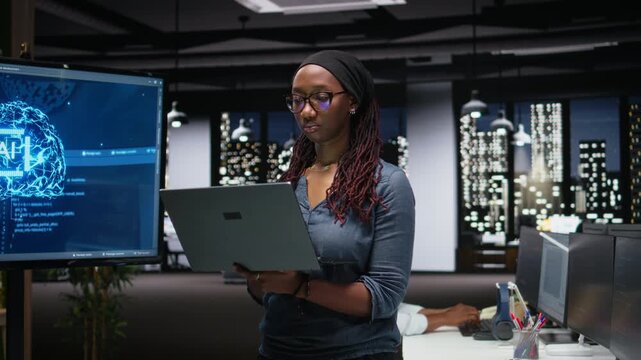 Programmer in office developing complex machine learning algorithms simulating human brain thought processes. IT professional deploys AI tools, performing software quality assurance.