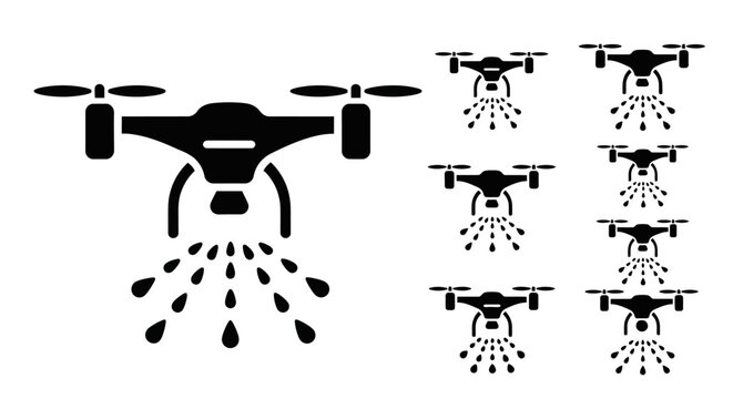 Agricultural Drone Spraying Pesticides Icon Set, Farming Technology, Modern Agriculture