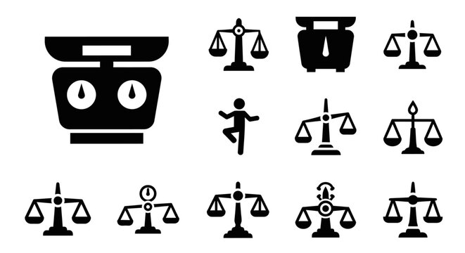 Balance Scales Icons Set, Justice, Weight, Measurement, Law and Equilibrium Symbols