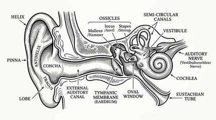 Human ear anatomy diagram with labeled parts © bolo