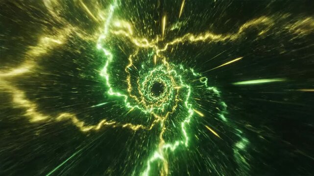 Abstract animation of a futuristic wormhole journey with bright green and yellow light trails and particles