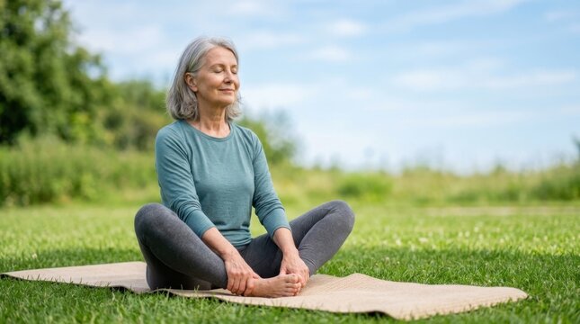 Serene senior citizen practicing outdoor yoga or meditation with closed eyes against a background of a bright field and clear blue sky, focusing on wellness and relaxation.