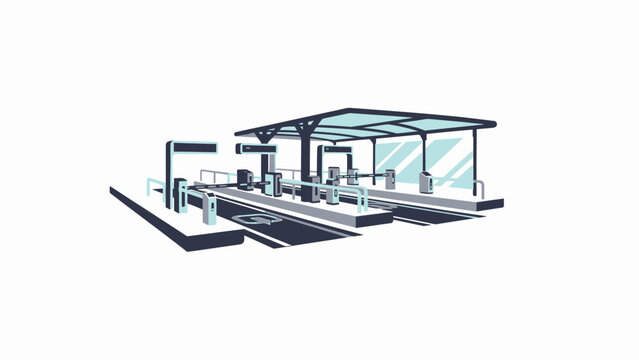 A modern automated toll collection station with barriers on a highway road