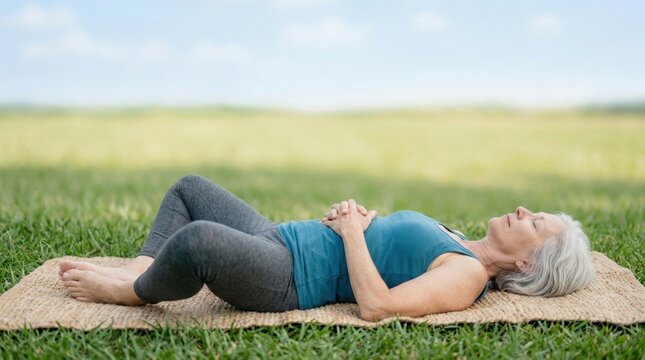 Serene senior citizen practicing outdoor yoga or meditation with closed eyes against a background of a bright field and clear blue sky, focusing on wellness and relaxation.