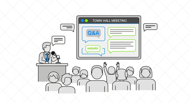 Illustration of a speaker at a podium addressing an audience with a large Q&A screen display behind.