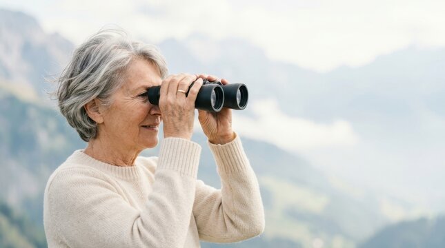 Smiling senior citizen holding binoculars and looking at mountains, enjoying birdwatching and nature recreation during an active retirement journey outdoors.