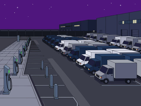 A fleet of electric delivery vans charges at a modern off-peak inactivity hub. Clean lines, industrial setting, and a focus on sustainable transportation.  Visually appealing and commercially viable.