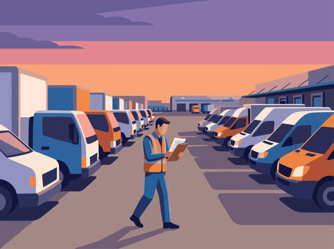 A logistics dispatcher conducts a fleet asset inventory inspection at a modern warehouse. Clear composition, vibrant colors, and professional setting.
