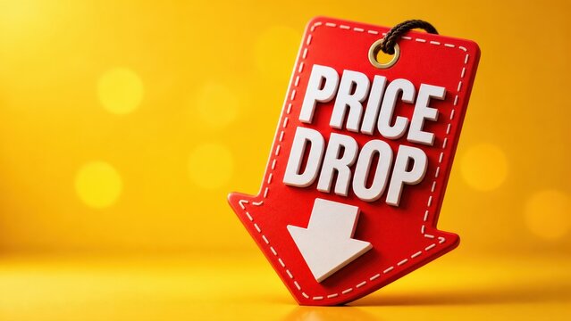 Red Arrow Price Drop Tag Rests Against Vibrant Yellow Background Highlighting Retail Clearance Sale Event And Market Discount Strategy Opportunities