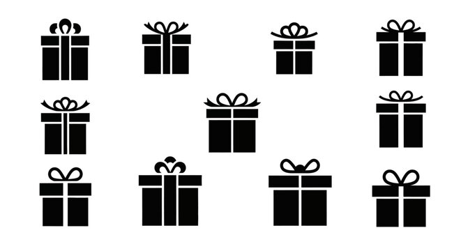 Collection of Black Gift Boxes with Ribbons and Bows - Vector Icons