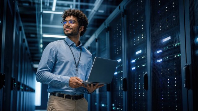 Professional IT Specialist Holding Laptop Stands Confidently in Modern Server Room Infrastructure Managing Cloud Data and Advanced Artificial Intelligence Systems