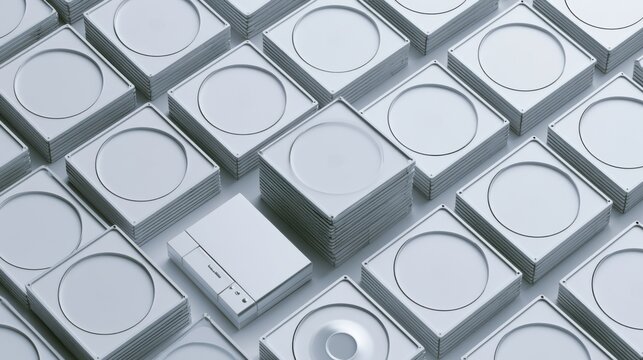 Stacked metal trays and cards studio close up showing circular recessed discs, glossy silver surfaces, precise geometry, repeating pattern, highkey lighting, shallow depth of field, luxury packaging