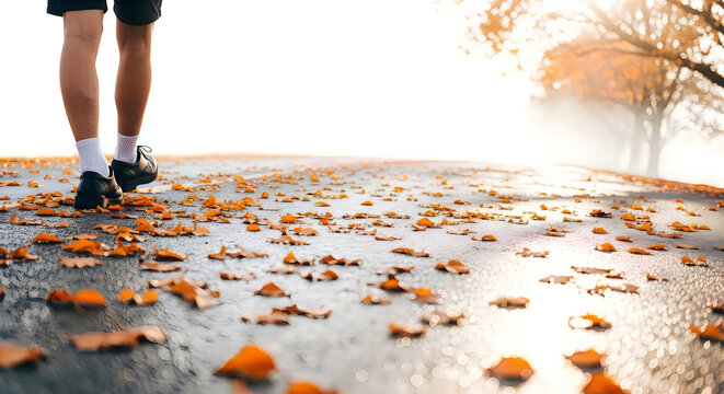 Person walking on colorful fallen leaves path