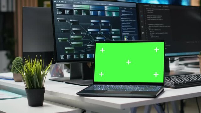 Green screen mockup laptop in office used to automate app development tasks with machine learning. Chroma key notebook in empty startup workplace leverages AI to accelerate feature implementation.