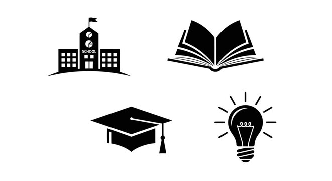 Education Icons: School, Book, Graduation Cap, Lightbulb - Knowledge and Learning Symbols