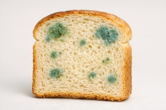 A close-up shot of a piece of bread with green mold growing on it