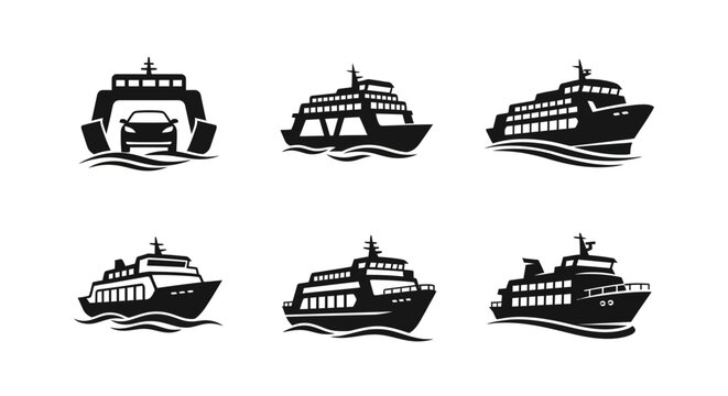 Ferry boat icons set, water transport, car ferry, passenger ships, simple vector illustrations