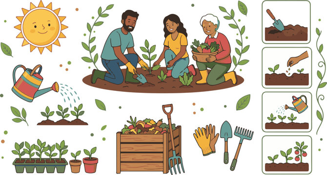 Family gardening illustration with sun watering can and compost bin