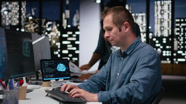 Data scientist in office analyzing machine learning to prevent AI errors. Tech agency IT professional reviewing code logic to improve AI prediction accuracy.