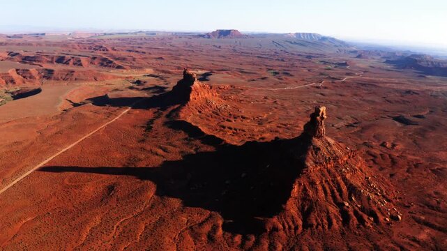 Wide aerial drone shots of buttes in Valley of the Gods, part of Bears Ears National Monument in southeastern Utah.