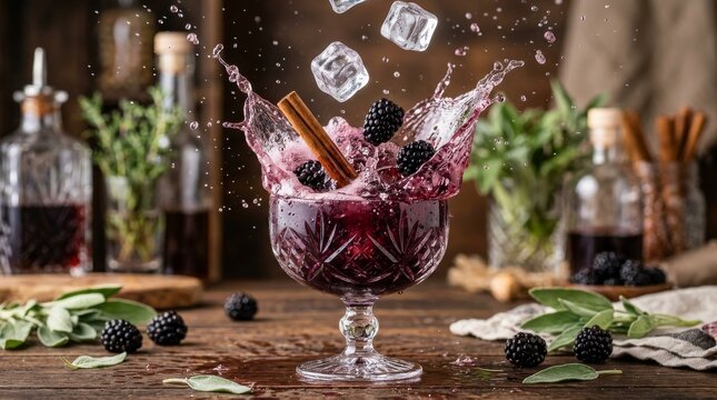 A refreshing blackberry cocktail with ice and a cinnamon stick splashes in a crystal glass, garnished with fresh berries and herbs. This image evokes the senses of taste and enjoyment.