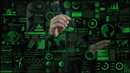 Fototapeta premium Digital interface showcasing data visualizations on green energy trends. Detailed charts and graphs highlight key metrics related to sustainability and environmental progress. Cipher