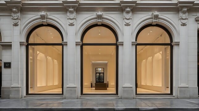 Classical architecture facade with three arched display windows and ornate details