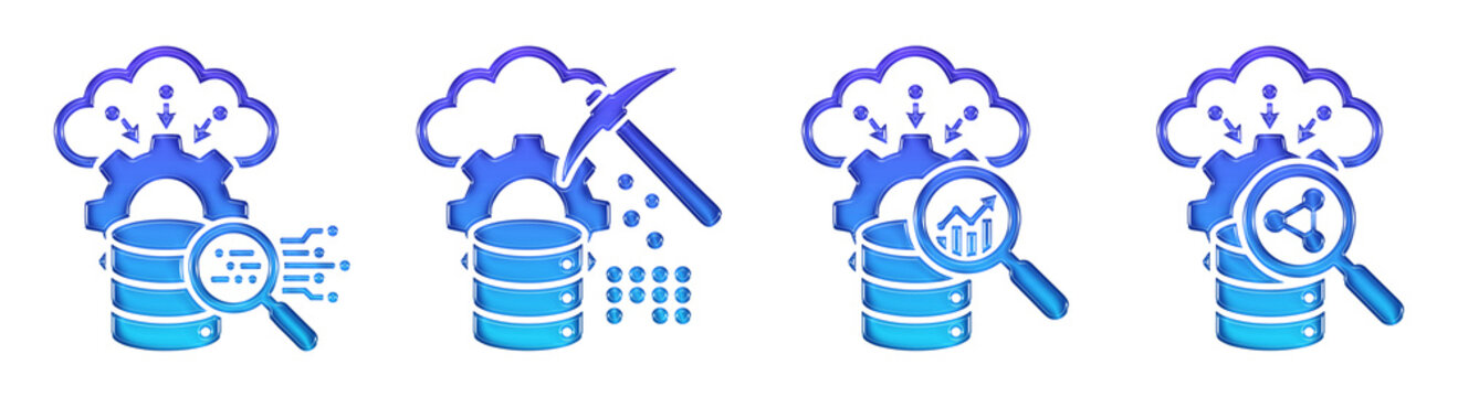Cloud data mining analysis settings 3D Glossy Gradient Icons Set. Transparent PNG